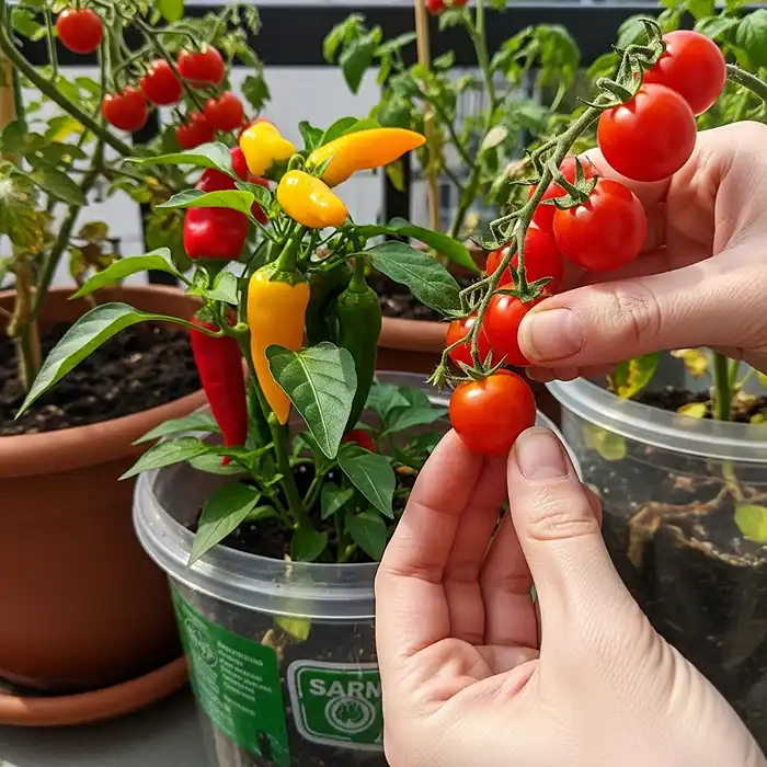 Cherry tomatoes and peppers growing in small pots on balcony