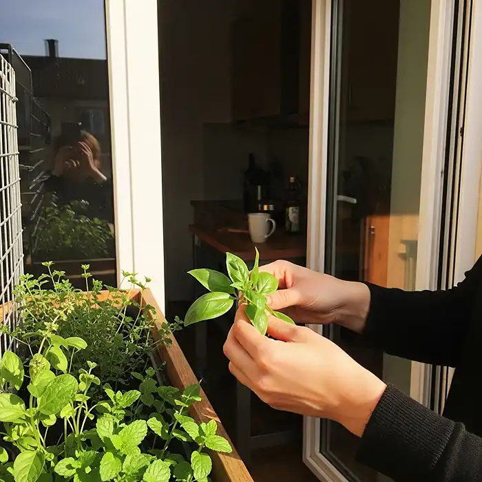 Person harvesting herbs from balcony garden for cooking