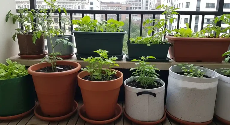 Small-space container gardening on apartment balcony with various pot types