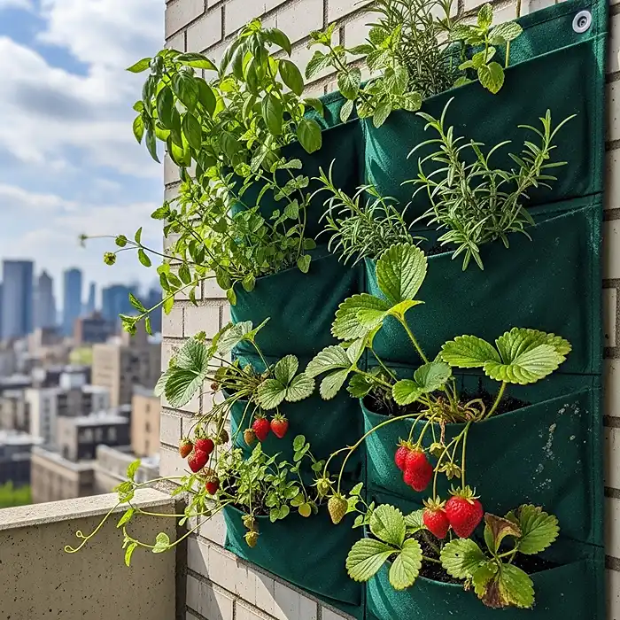 Vertical garden with herbs and strawberries on apartment wall