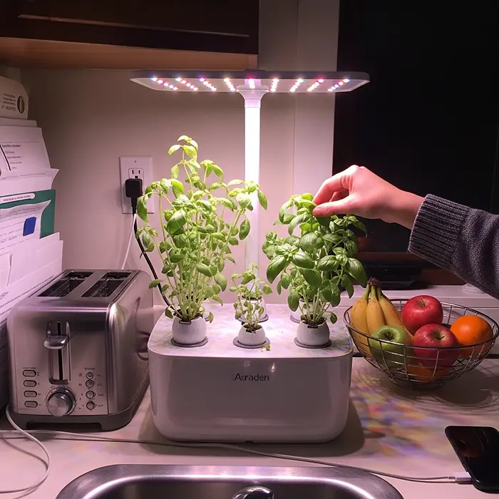Indoor Gardening for Small Spaces 3 AI smart garden system growing herbs on apartment kitchen counter under LED light