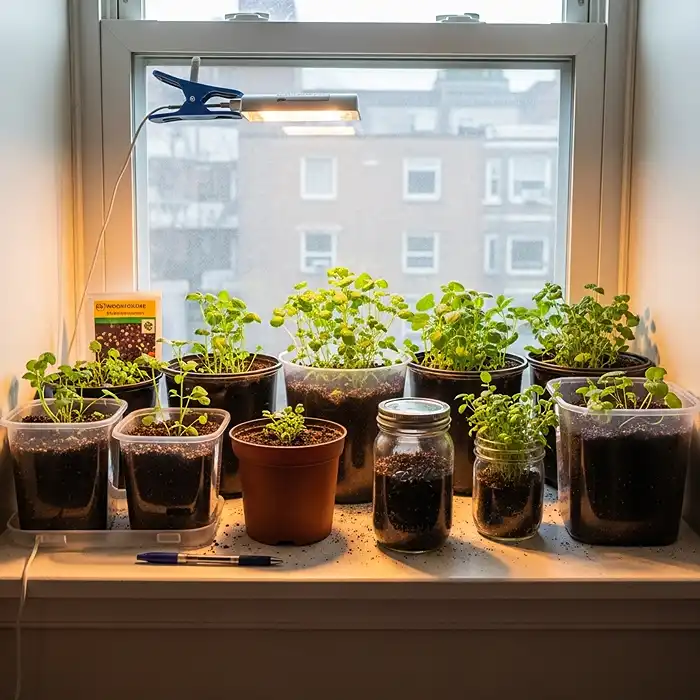 Best Indoor Herbs to Grow on a Windowsill 3 Apartment windowsill herb garden setup with grow light and mixed containers