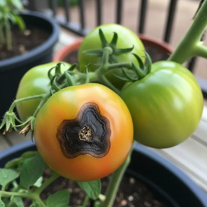 Common Tomato Problems in Containers 4 Blossom end rot on green tomato fruit in container garden close-up