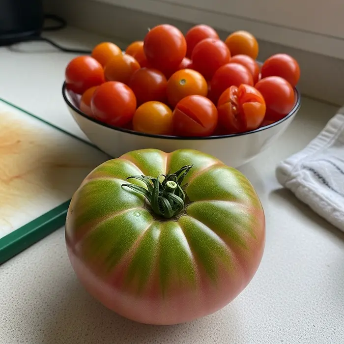 Cherry Tomatoes vs Regular Tomatoes in Pots 5 Breaker-stage Beefsteak tomato and ripe cherry tomatoes harvested from container pots