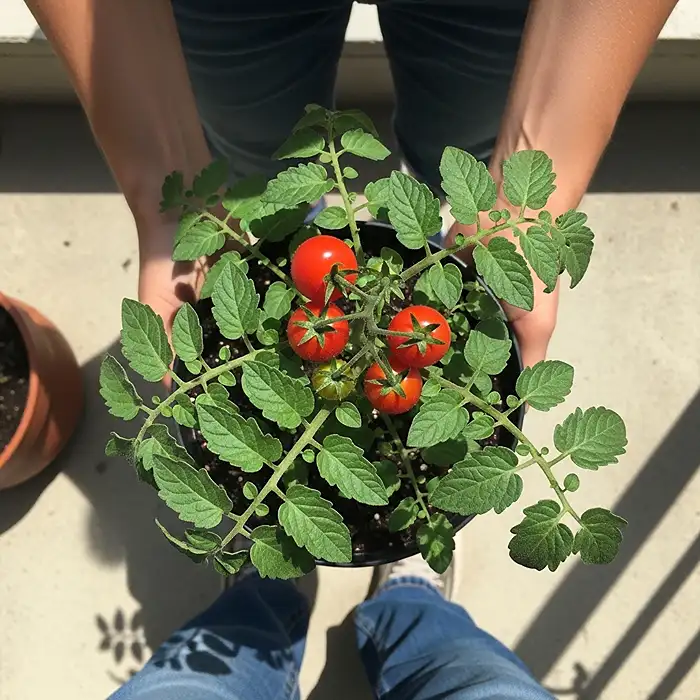Compact cherry tomato plant growing in small container on balcony