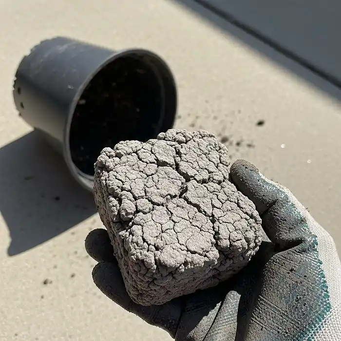 How Often Should You Change Potting Soil? 2 How Often Should You Change Potting Soil? - Compacted dead potting soil showing hard clumpy texture