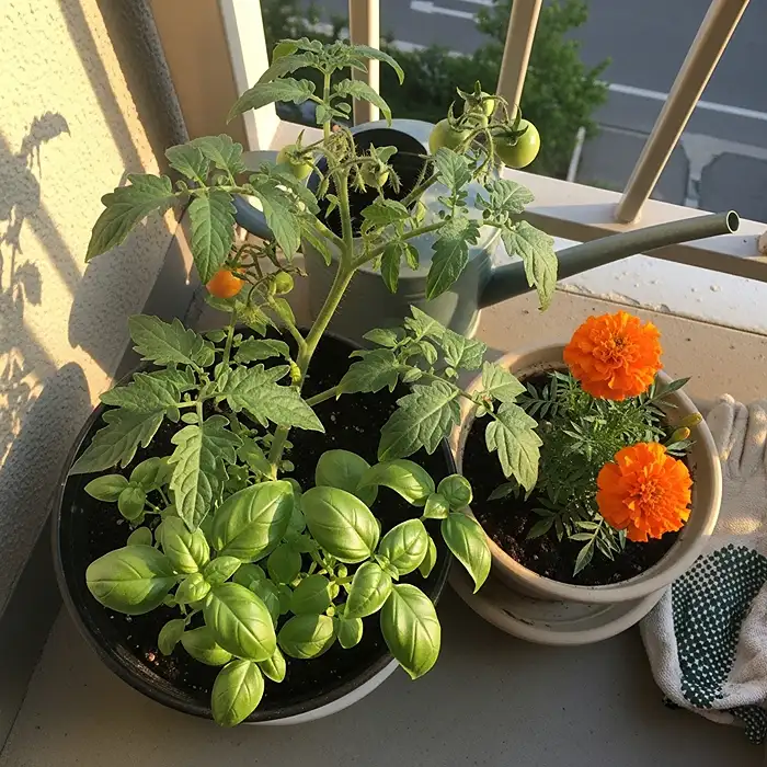 Fast-Growing Vegetables for Containers 5 Companion planting tomatoes with basil and marigolds in containers