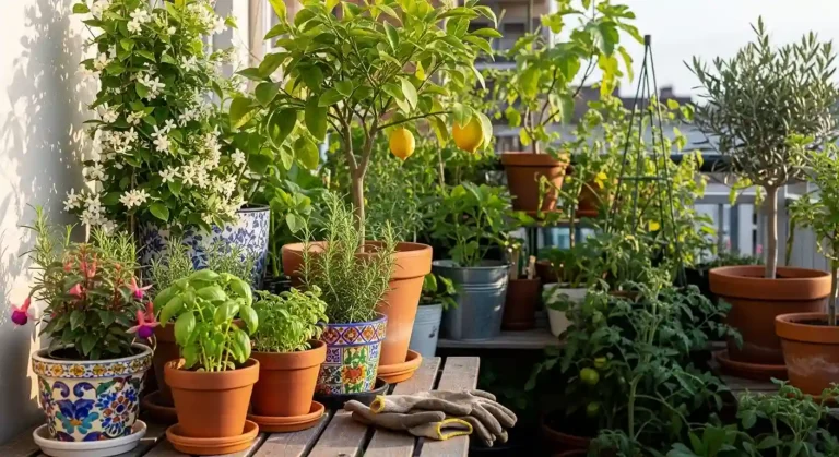 Container gardening with plants in varied pot sizes=