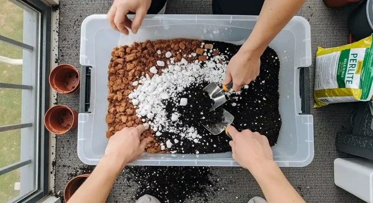 DIY potting mix being mixed in storage tote on apartment balcony