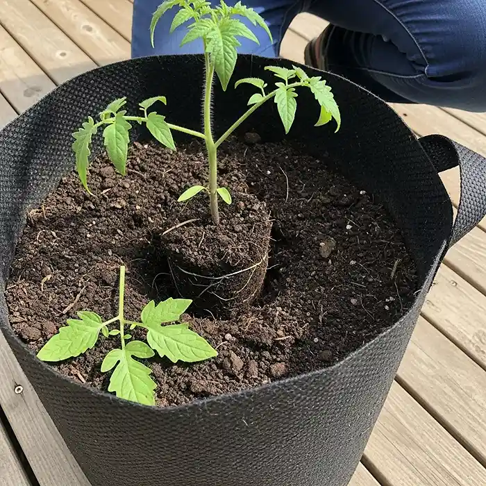 Deep burial planting method for container tomatoes showing buried stem