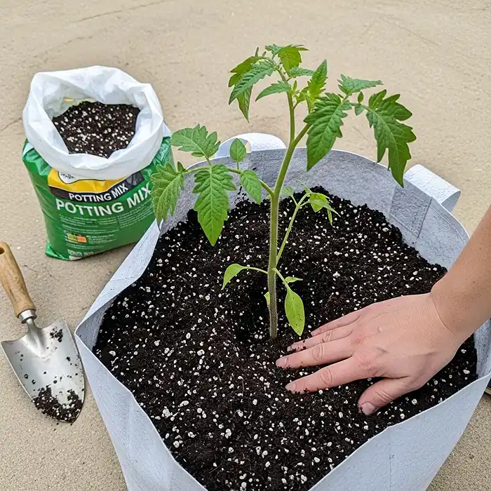 Cherry Tomatoes vs Regular Tomatoes in Pots 4 Deep planting a tomato seedling with two-thirds of stem buried in potting mix