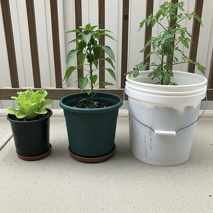 Different sized containers for growing vegetables showing depth requirements