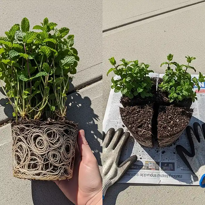 Best Herbs to Grow in Pots (Indoor & Outdoor Guide) 5 Dividing root-bound mint plant for repotting in fresh container soil