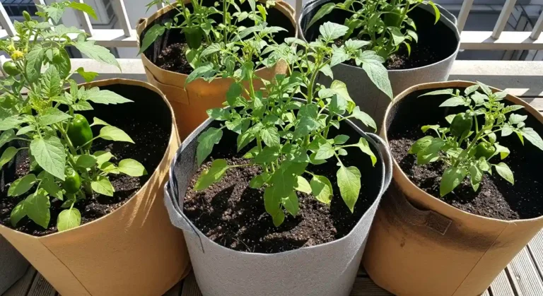 Fabric grow bags with tomato and pepper plants on home patio