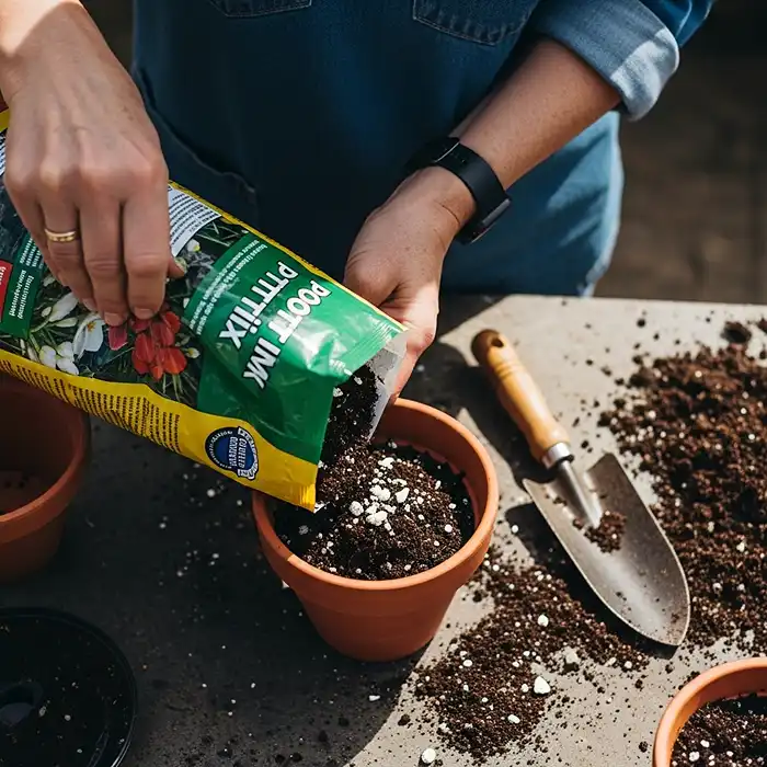 Filling container with best potting mix for vegetable gardening