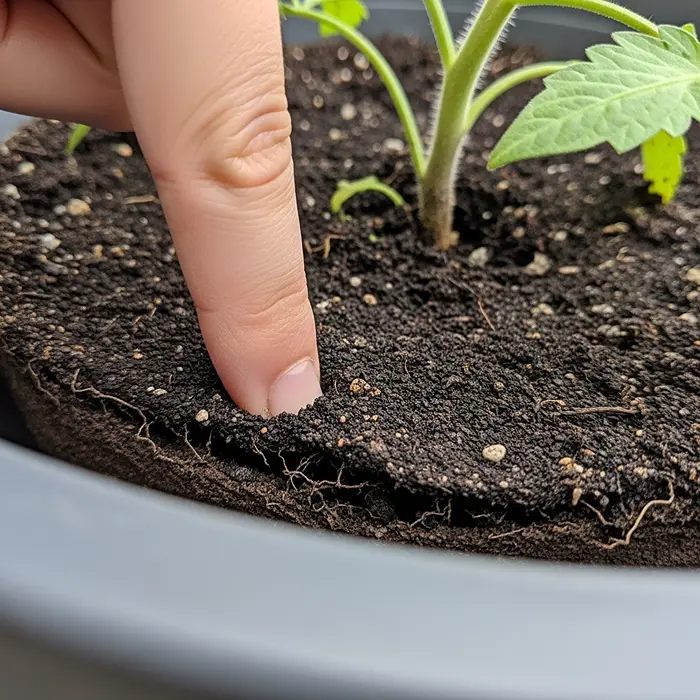 Common Tomato Problems in Containers 2 Finger moisture test in dry container tomato potting soil