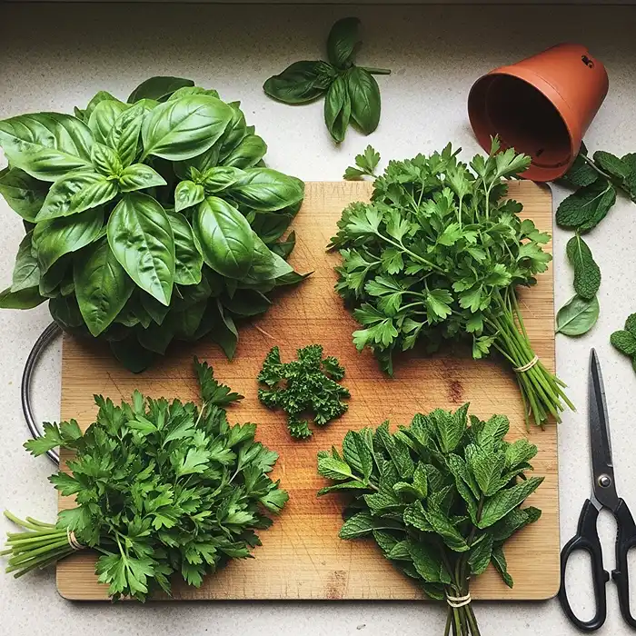 Best Vegetables for Balcony Container Gardening 4 Fresh basil, parsley, and mint herbs harvested from balcony containers