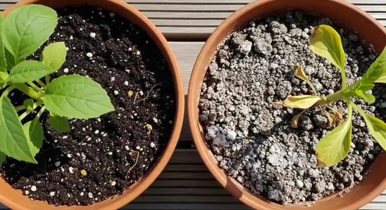 Fresh vs old potting soil comparison in terracotta containers