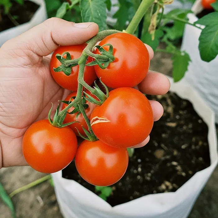 Freshly harvested ripe tomatoes from a container-grown plant held in hand