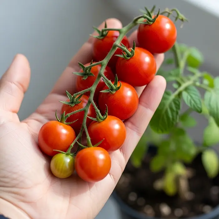 Best Tomato Varieties for Container Gardening 3 Hand holding fresh cherry tomatoes picked from a small container plant