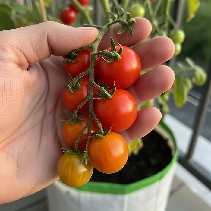 Cherry Tomatoes vs Regular Tomatoes in Pots 2 Hand holding freshly harvested sweet cherry tomatoes from a container garden