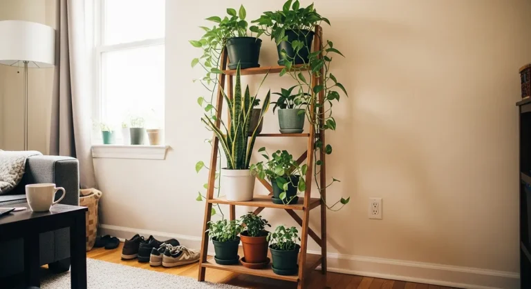 Indoor gardening for small spaces ladder shelf with Pothos and Snake Plant in apartment