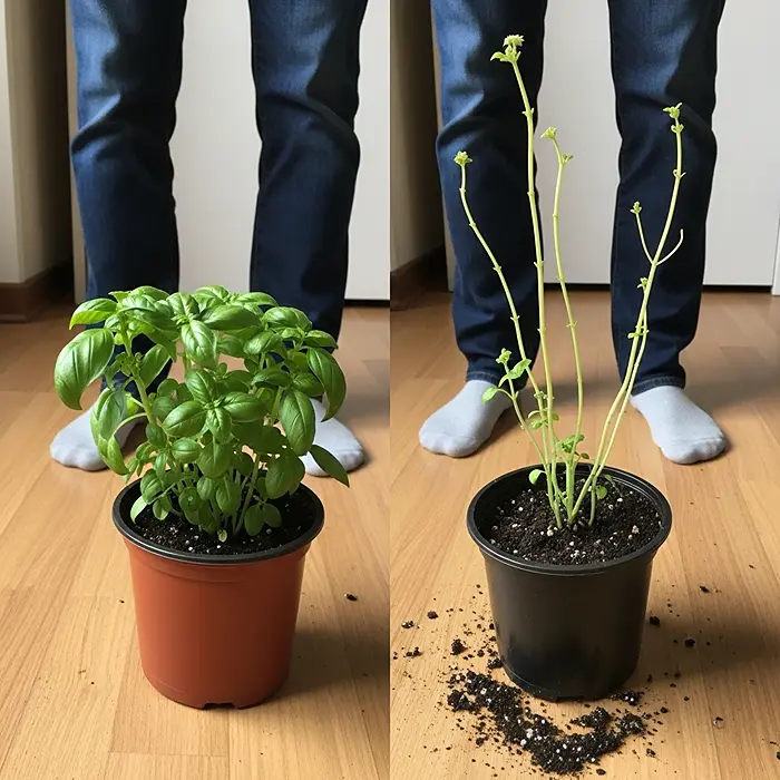 Common Problems Growing Herbs in Pots 4 Leggy etiolated basil versus healthy bushy basil in pots