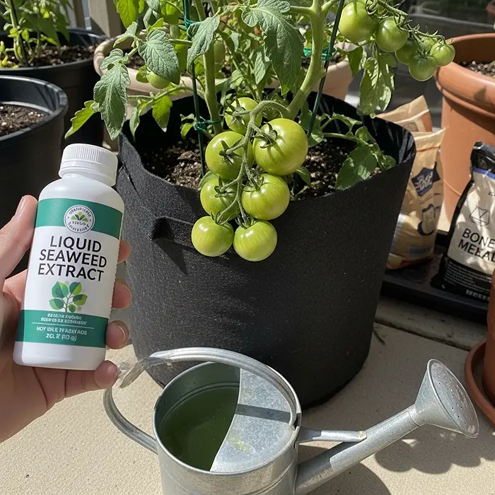 Liquid seaweed fertilizer for container tomato feeding schedule during fruiting - How to increase tomato yield in containers