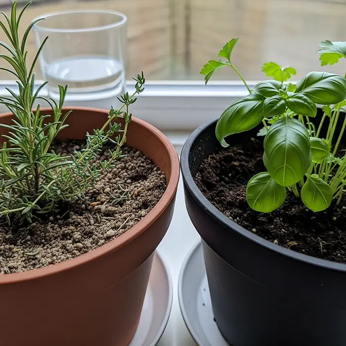 Mediterranean dry herb pot next to moist basil and parsley container indoors