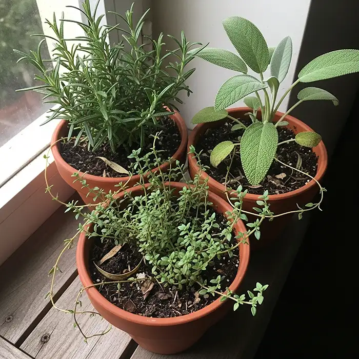 Mediterranean herbs in terracotta pots for small space herb garden