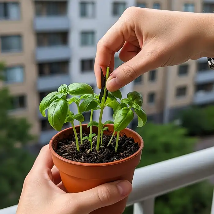 Best Herbs to Grow in Pots (Indoor & Outdoor Guide) 4 Pinching basil center stem for bushier growth in container herbs