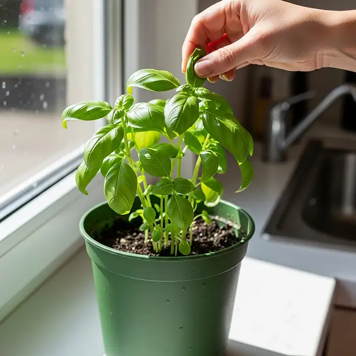 Pinching basil growing tips for bushier herb growth in containers