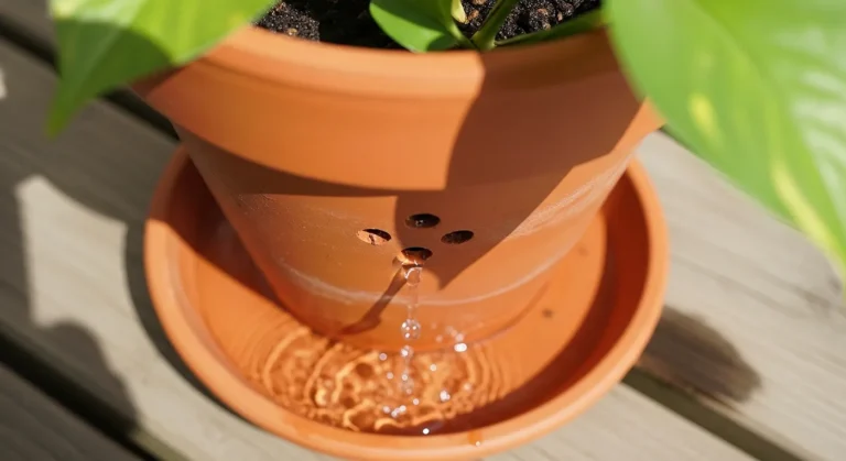 Plant pot with drainage holes dripping water into saucer
