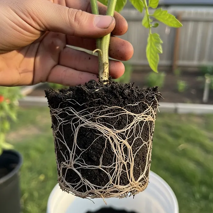 How Big Should a Pot Be for Tomatoes? 2 Root-bound tomato plant removed from a small 5-gallon container