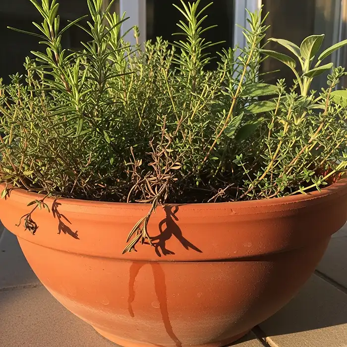 Rosemary thyme and sage growing together in outdoor terracotta pot