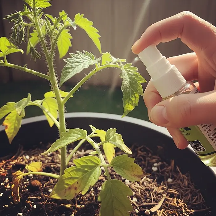 Best Tomato Varieties for Container Gardening 5 Spraying organic neem oil on container tomato plant to control aphids