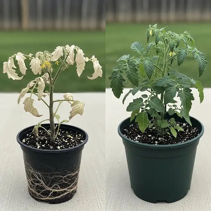 Tomato plant in small pot versus proper container size comparison
