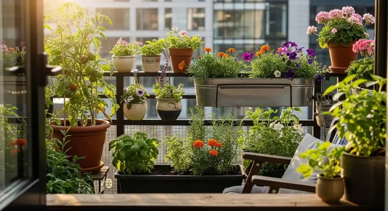 Urban balcony with container plants and sunlight
