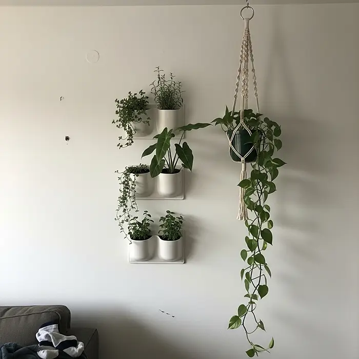 Indoor Gardening for Small Spaces 2 Vertical wall-mounted planters and hanging Pothos in small apartment living room