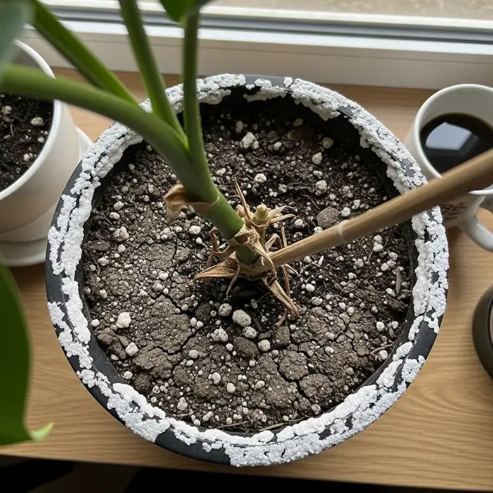 White salt buildup on potting soil from fertilizer accumulation