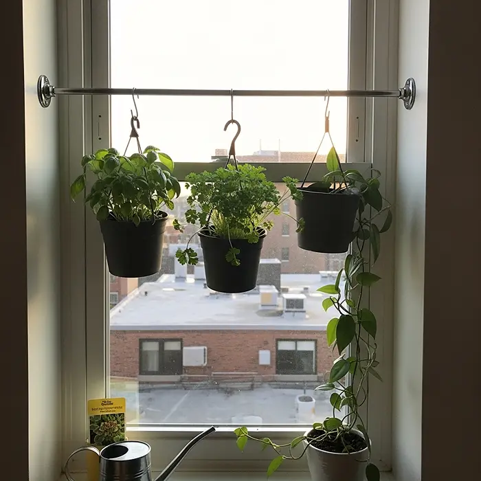 Indoor Gardening for Small Spaces 5 Window herb garden with hanging basil and parsley planters in small apartment