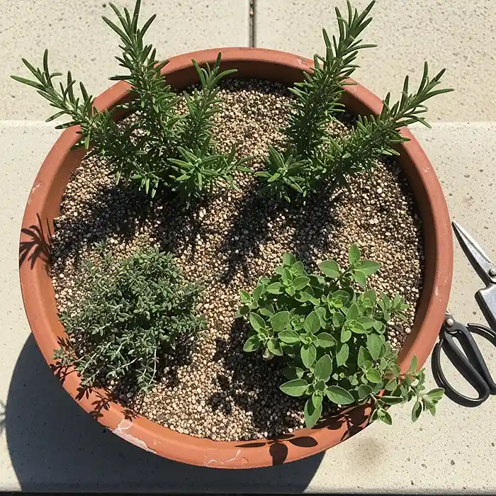 rosemary thyme sage and oregano growing together in dry terracotta pot
