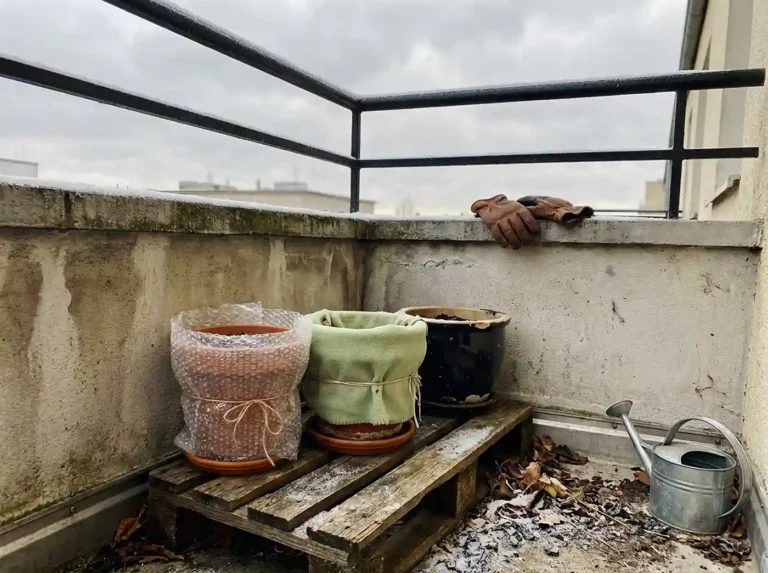Balcony plants wrapped in bubble wrap and fleece for winter protection