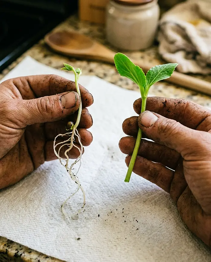 Sprouts vs Microgreens 2 Bean sprout with roots vs cut sunflower microgreen biological difference