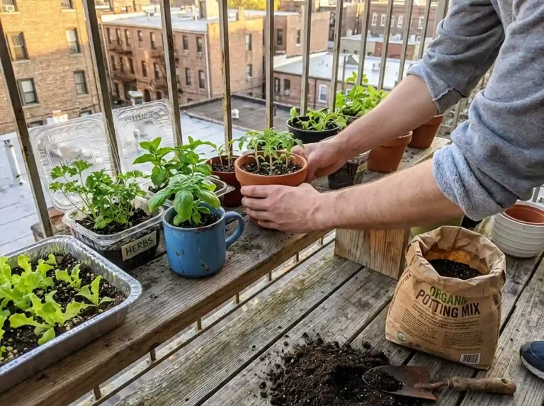 Beginner balcony garden with small herb containers and potting soil in spring