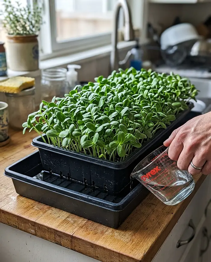 Common Microgreens Mistakes and How to Avoid Mold 5 Bottom watering microgreens technique preventing mold and common mistakes
