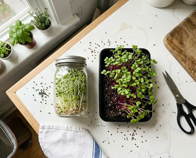 Broccoli sprouts jar beside radish microgreens tray nutrition comparison