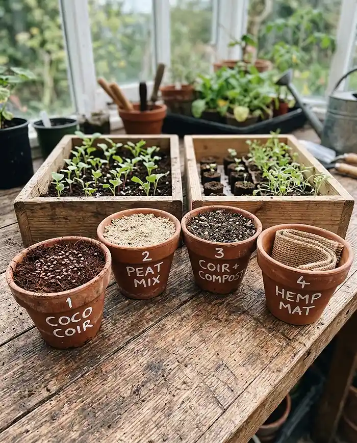 Soil vs Hydroponic Microgreens 3 Coconut coir peat mix and hemp mat microgreen growing mediums compared on table