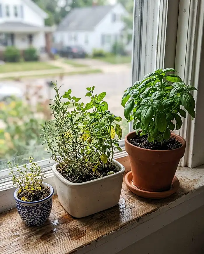 Common indoor herb potting mistakes showing overcrowded and undersized pots