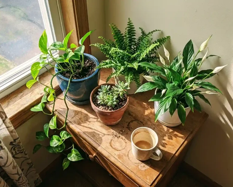 Different houseplants on a sunny windowsill showing varied light conditions indoors.